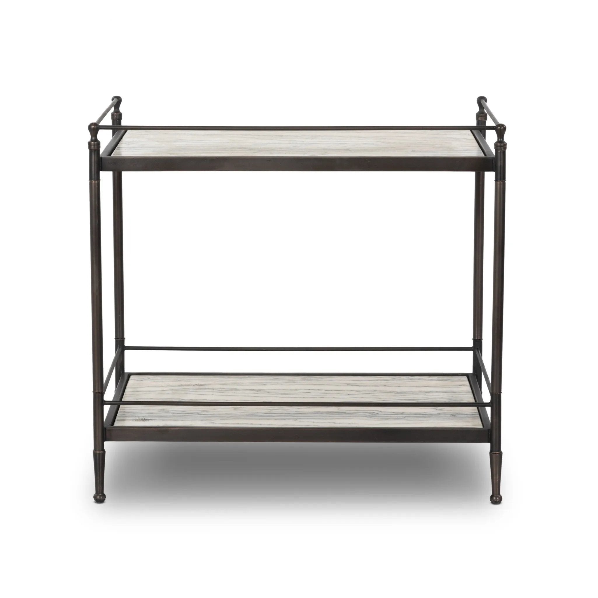 Bring a touch of heritage charm to your bedroom with this two-tier metal nightstand. An aged rust finish complements solid marble shelves with stripe-like veining, finished out with turned legs and gallery edging Amethyst Home provides interior design, new home construction design consulting, vintage area rugs, and lighting in the San Diego metro area.
