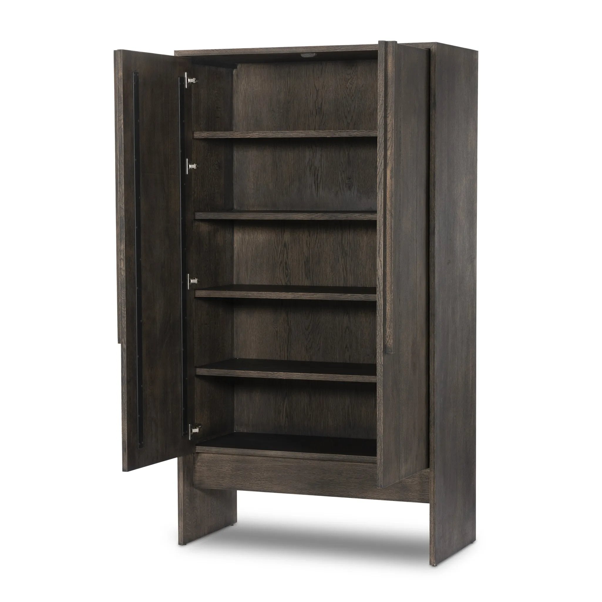 Featuring Elgin Brushed Dark Brown Cabinet by Four Hands at Amethyst Home. A clean, structured piece with plenty of presence. Made from oak and finished in a rich, dark brown, storage-driven cabinetry features plank-style doors, with linear hardware elongating the whole look.Overall Dimensions: 43.00"w x 20.00"d x 78.00"hWeight : 293.21 lbsMaterials: Oak Ven. Amethyst Home provides interior design, new home construction design consulting, vintage area rugs, and lighting in the Monterey metro area.