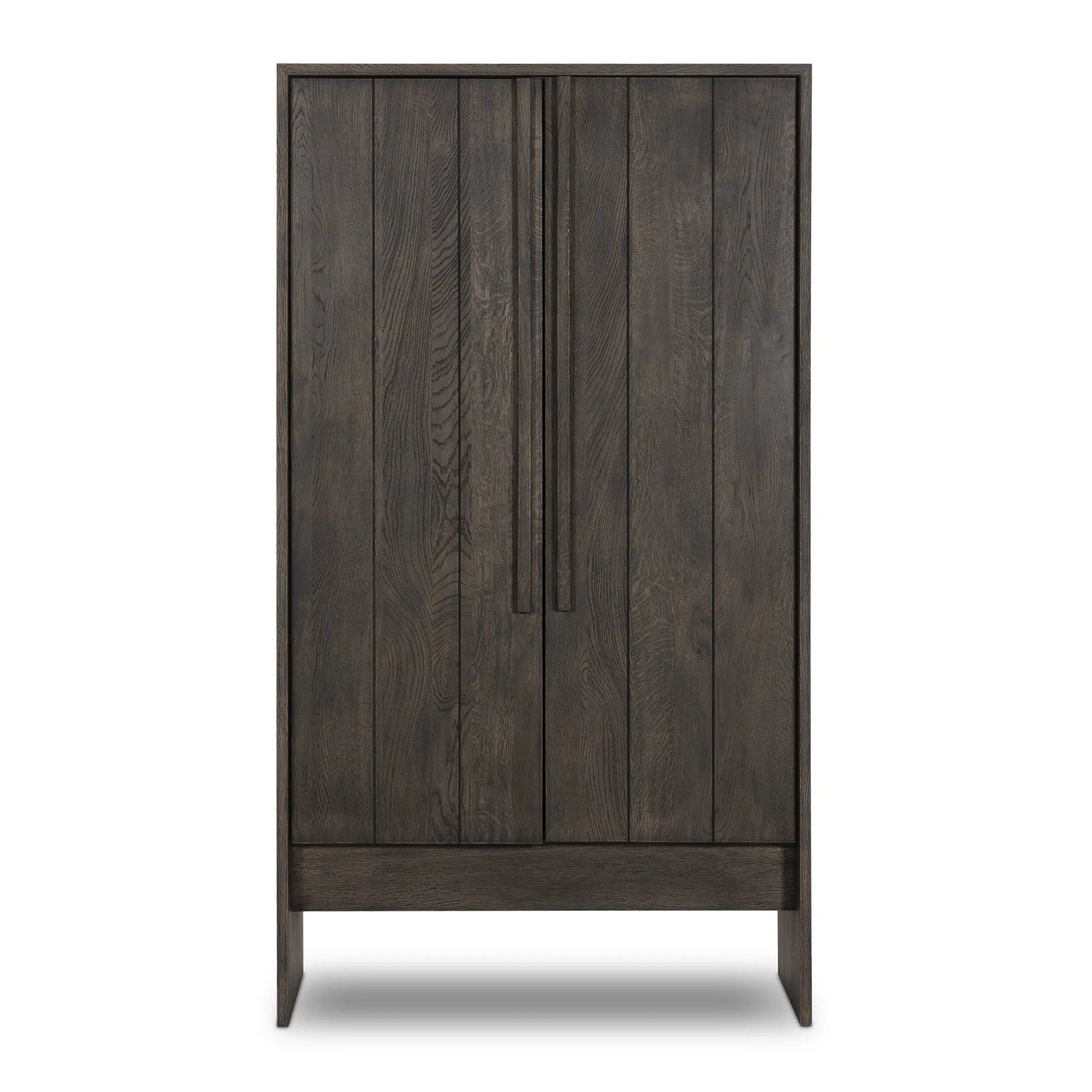 Featuring Elgin Brushed Dark Brown Cabinet by Four Hands at Amethyst Home. A clean, structured piece with plenty of presence. Made from oak and finished in a rich, dark brown, storage-driven cabinetry features plank-style doors, with linear hardware elongating the whole look.Overall Dimensions: 43.00"w x 20.00"d x 78.00"hWeight : 293.21 lbsMaterials: Oak Ve. Amethyst Home provides interior design, new home construction design consulting, vintage area rugs, and lighting in the San Diego metro area.