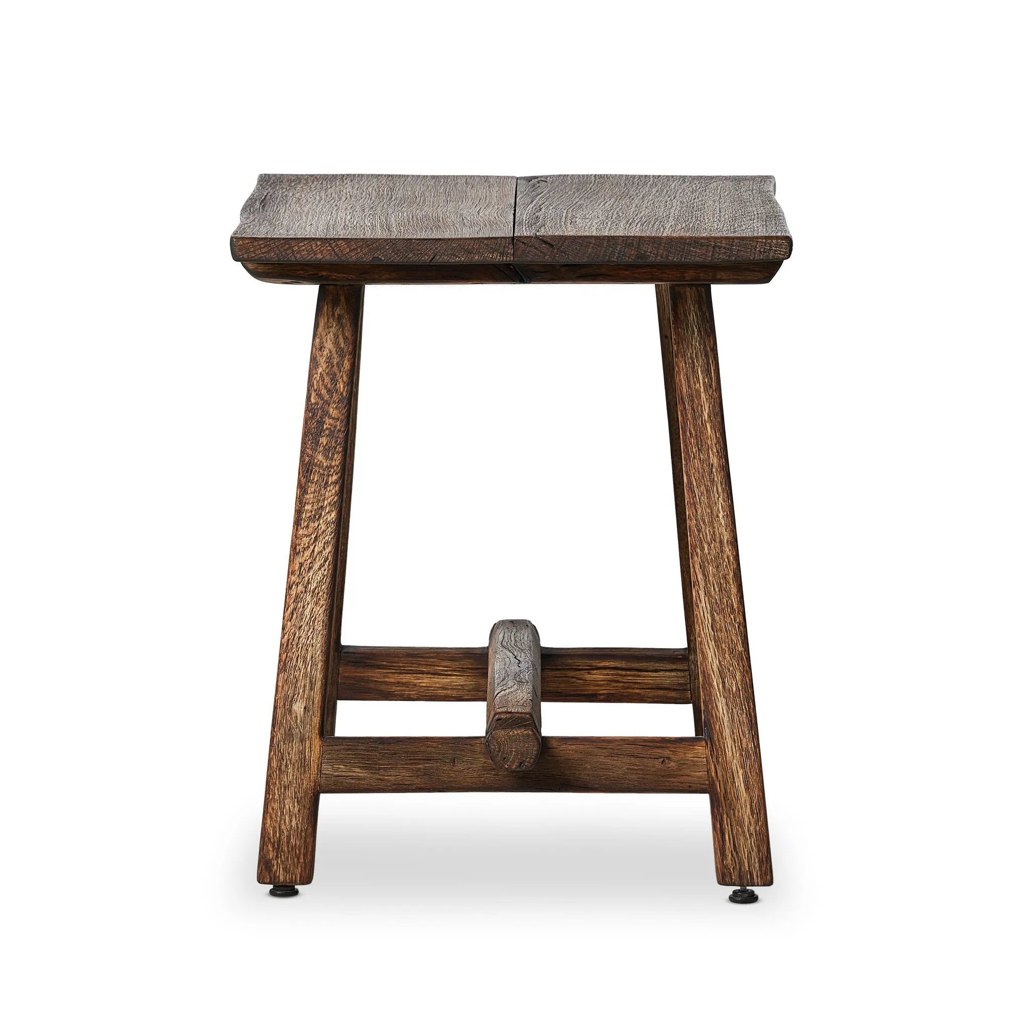 Accent your living space with a Wabi Sabi-inspired end table. Crafted from burnt bleached oak with a trellis base and wide plank top, this artisanal piece embraces the natural cracks and graining reflective of organic materials to bring a beautiful, character-rich look to your space Amethyst Home provides interior design, new home construction design consulting, vintage area rugs, and lighting in the Houston metro area.