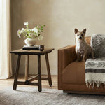 Accent your living space with a Wabi Sabi-inspired end table. Crafted from burnt bleached oak with a trellis base and wide plank top, this artisanal piece embraces the natural cracks and graining reflective of organic materials to bring a beautiful, character-rich look to your space Amethyst Home provides interior design, new home construction design consulting, vintage area rugs, and lighting in the Newport Beach metro area.