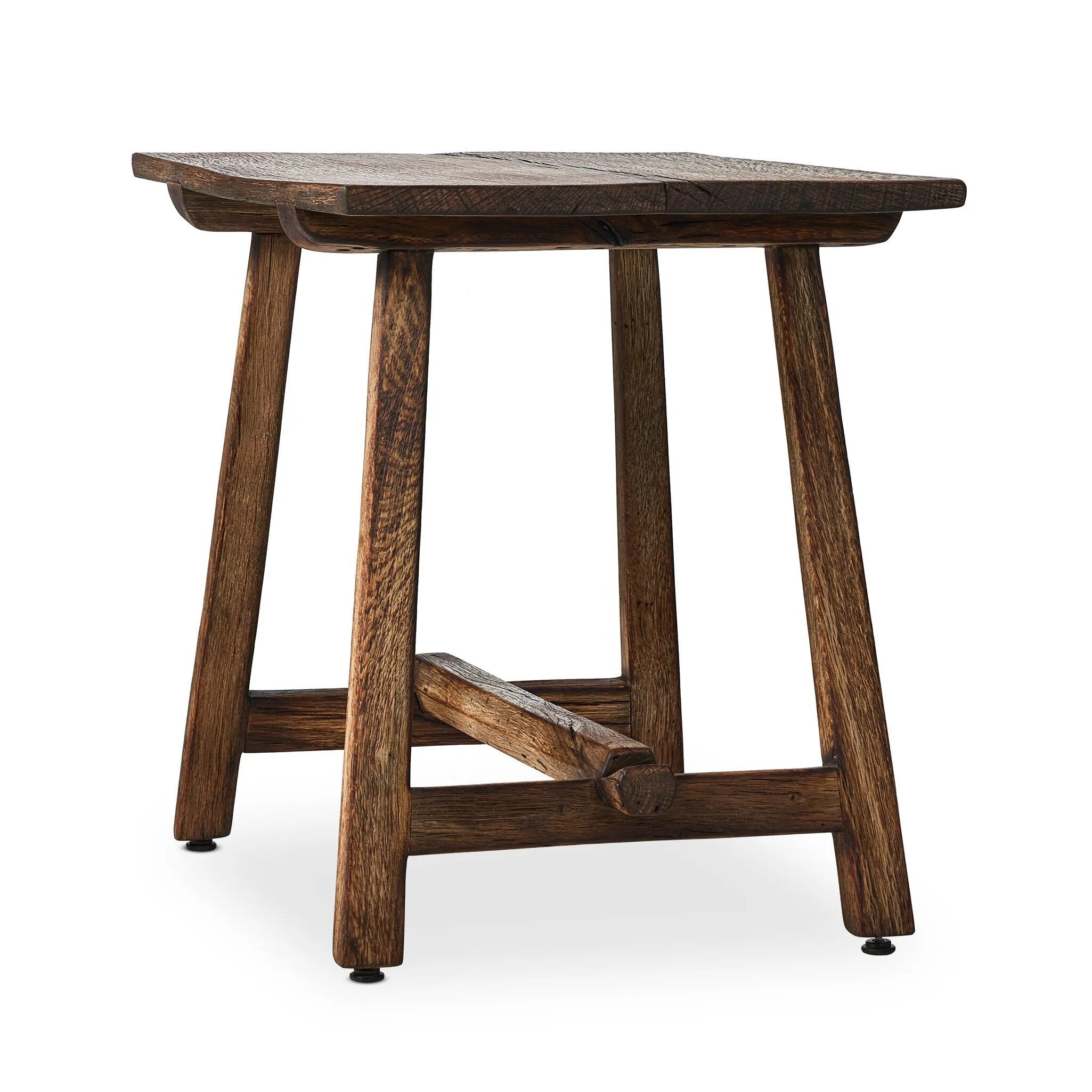Accent your living space with a Wabi Sabi-inspired end table. Crafted from burnt bleached oak with a trellis base and wide plank top, this artisanal piece embraces the natural cracks and graining reflective of organic materials to bring a beautiful, character-rich look to your space Amethyst Home provides interior design, new home construction design consulting, vintage area rugs, and lighting in the Tampa metro area.