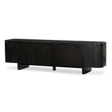 A clean-styled media console made from worn black oak. Six doors feature subtle finger grooves for easy open. Gentle curves soften up the look, while a floating design keeps things feeling light and fresh. Inside, generous shelving awaits storage of media and more. Amethyst Home provides interior design, new home construction design consulting, vintage area rugs, and lighting in the Portland metro area.
