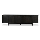 A clean-styled media console made from worn black oak. Six doors feature subtle finger grooves for easy open. Gentle curves soften up the look, while a floating design keeps things feeling light and fresh. Inside, generous shelving awaits storage of media and more. Amethyst Home provides interior design, new home construction design consulting, vintage area rugs, and lighting in the Salt Lake City metro area.