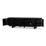 A clean-styled media console made from worn black oak. Six doors feature subtle finger grooves for easy open. Gentle curves soften up the look, while a floating design keeps things feeling light and fresh. Inside, generous shelving awaits storage of media and more. Amethyst Home provides interior design, new home construction design consulting, vintage area rugs, and lighting in the San Diego metro area.