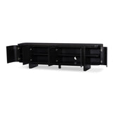 A clean-styled media console made from worn black oak. Six doors feature subtle finger grooves for easy open. Gentle curves soften up the look, while a floating design keeps things feeling light and fresh. Inside, generous shelving awaits storage of media and more. Amethyst Home provides interior design, new home construction design consulting, vintage area rugs, and lighting in the San Diego metro area.