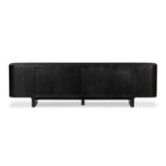 A clean-styled media console made from worn black oak. Six doors feature subtle finger grooves for easy open. Gentle curves soften up the look, while a floating design keeps things feeling light and fresh. Inside, generous shelving awaits storage of media and more. Amethyst Home provides interior design, new home construction design consulting, vintage area rugs, and lighting in the Scottsdale metro area.
