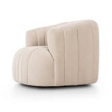 Featuring Elliana Blamont Cream Swivel Chair by Four Hands at Amethyst Home. Meet the chair that offers it all: curves, color, texture, durability, and sustainability. All atop a modern 360-degree swivel. Easy to clean and made from fully recyclable materials, FIQA fabrics are machine-washable, stain-resistant, water-repellent and antimicrobial.Overall Dim. Amethyst Home provides interior design, new home construction design consulting, vintage area rugs, and lighting in the Alpharetta metro area.