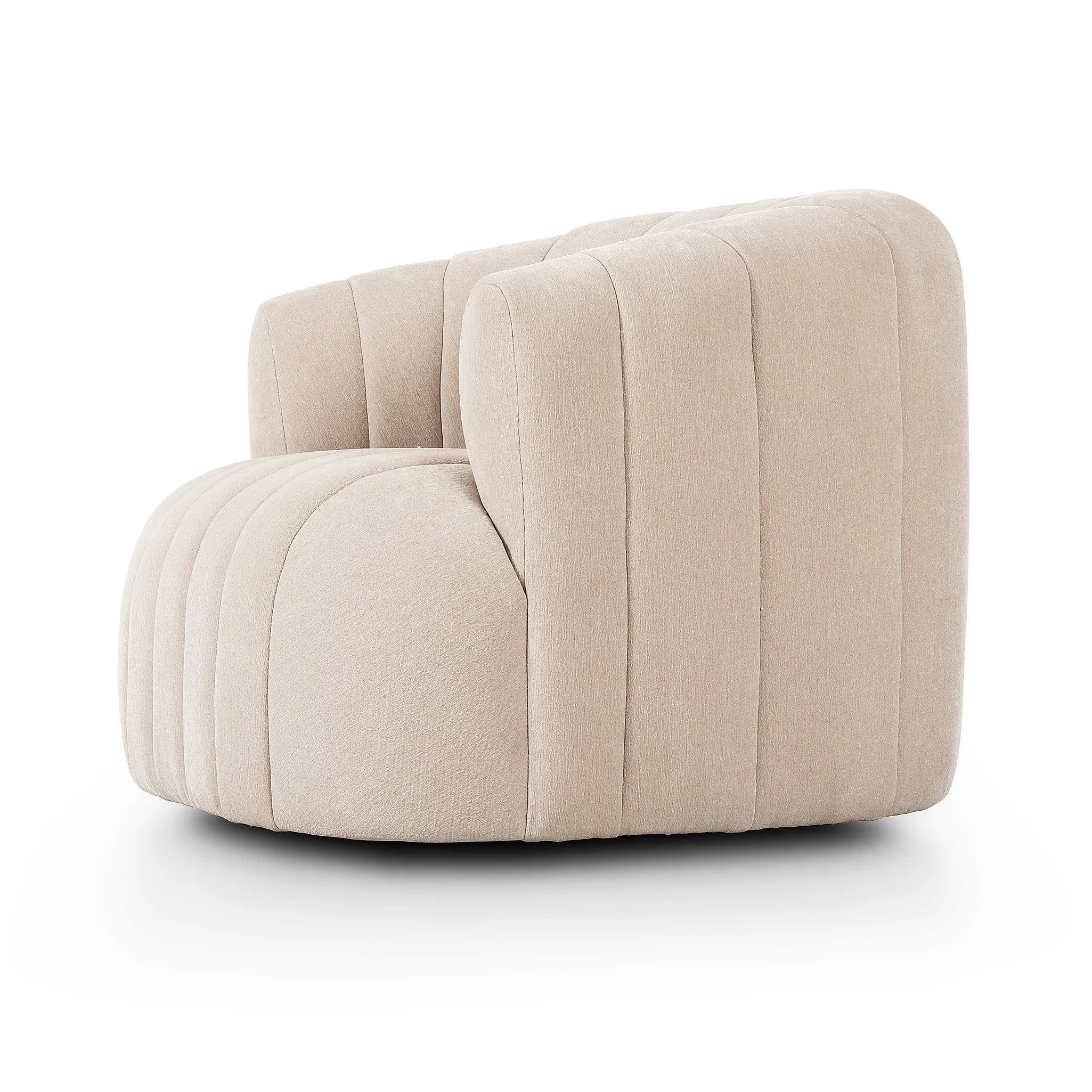 Featuring Elliana Blamont Cream Swivel Chair by Four Hands at Amethyst Home. Meet the chair that offers it all: curves, color, texture, durability, and sustainability. All atop a modern 360-degree swivel. Easy to clean and made from fully recyclable materials, FIQA fabrics are machine-washable, stain-resistant, water-repellent and antimicrobial.Overall Dim. Amethyst Home provides interior design, new home construction design consulting, vintage area rugs, and lighting in the Alpharetta metro area.