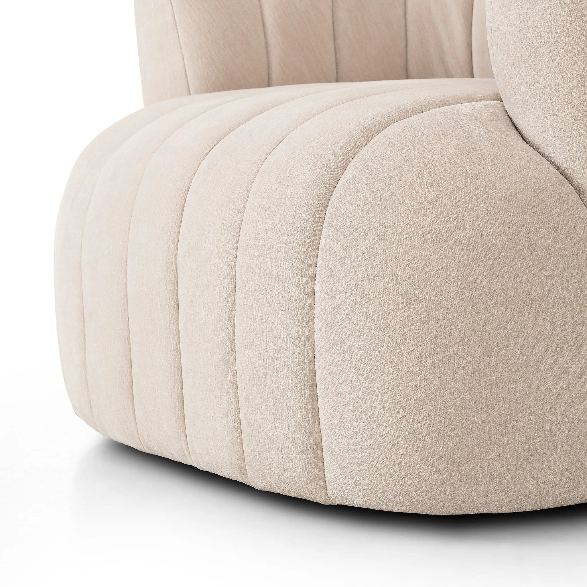 Featuring Elliana Blamont Cream Swivel Chair by Four Hands at Amethyst Home. Meet the chair that offers it all: curves, color, texture, durability, and sustainability. All atop a modern 360-degree swivel. Easy to clean and made from fully recyclable materials, FIQA fabrics are machine-washable, stain-resistant, water-repellent and antimicrobial.Overall Dim. Amethyst Home provides interior design, new home construction design consulting, vintage area rugs, and lighting in the Des Moines metro area.
