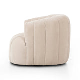 Featuring Elliana Blamont Cream Swivel Chair by Four Hands at Amethyst Home. Meet the chair that offers it all: curves, color, texture, durability, and sustainability. All atop a modern 360-degree swivel. Easy to clean and made from fully recyclable materials, FIQA fabrics are machine-washable, stain-resistant, water-repellent and antimicrobial.Overall Dim. Amethyst Home provides interior design, new home construction design consulting, vintage area rugs, and lighting in the Washington metro area.