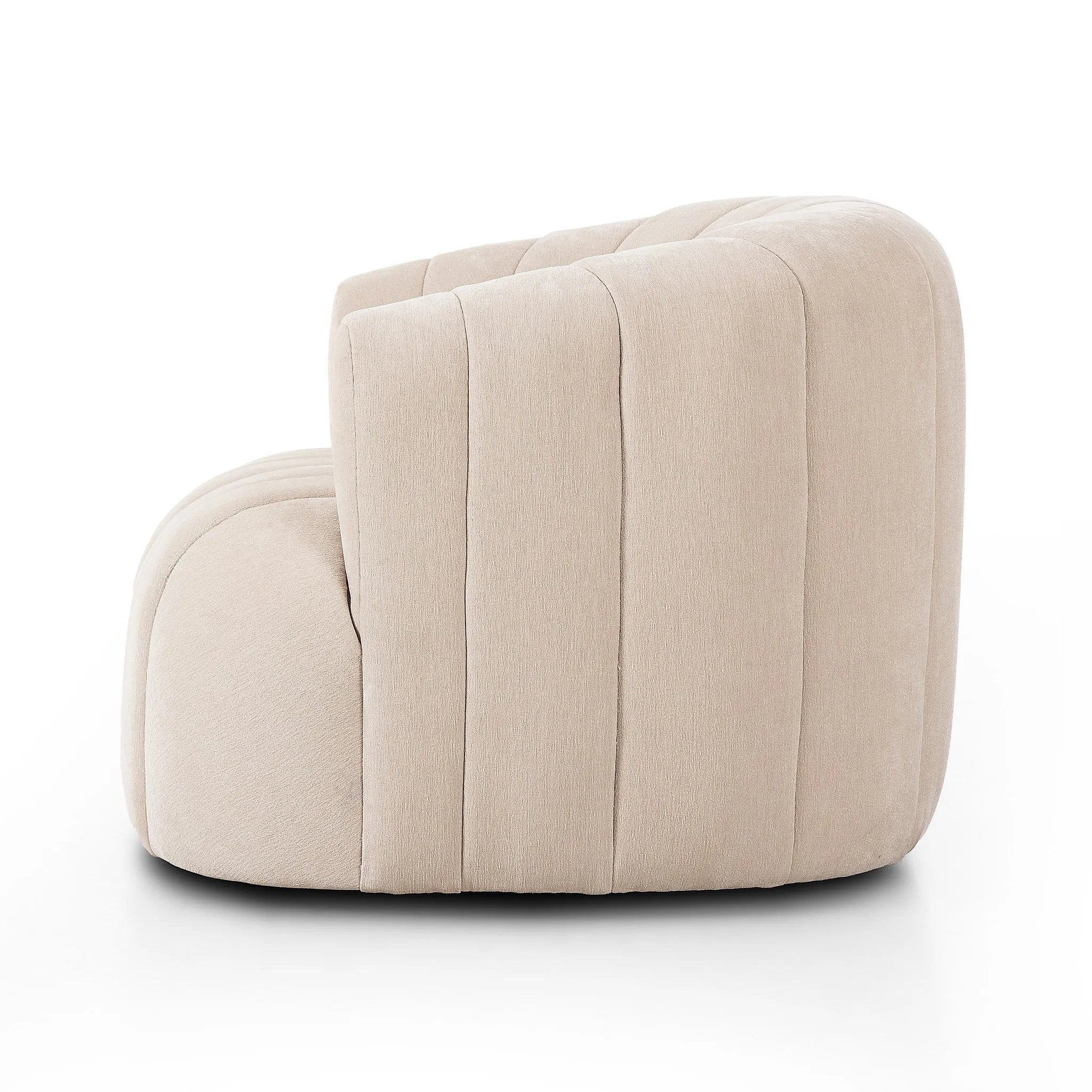 Featuring Elliana Blamont Cream Swivel Chair by Four Hands at Amethyst Home. Meet the chair that offers it all: curves, color, texture, durability, and sustainability. All atop a modern 360-degree swivel. Easy to clean and made from fully recyclable materials, FIQA fabrics are machine-washable, stain-resistant, water-repellent and antimicrobial.Overall Dim. Amethyst Home provides interior design, new home construction design consulting, vintage area rugs, and lighting in the Washington metro area.