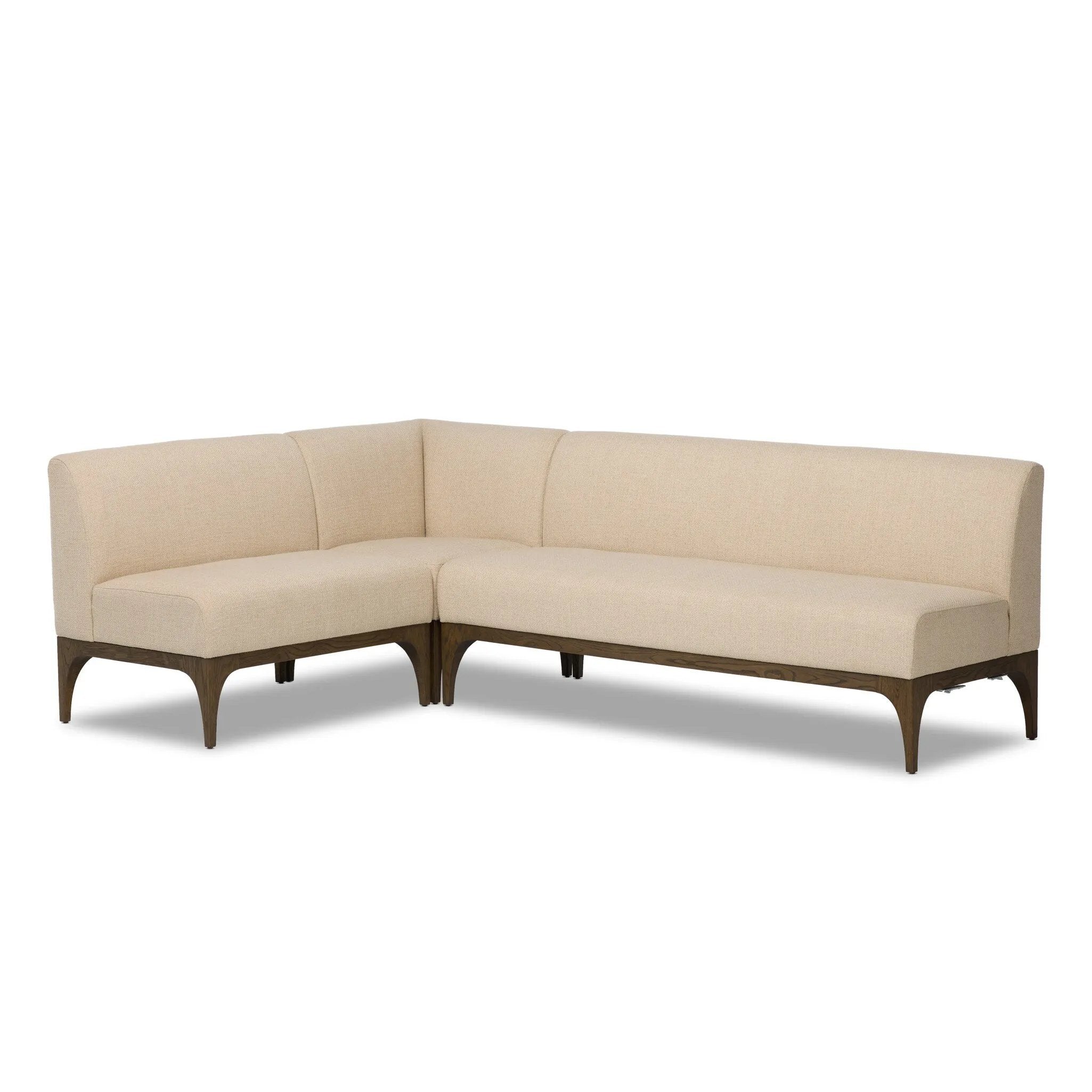 This timeless look works seamlessly into a wide range of styles and collections. With tapered wooden legs with a small curve detailing, plus an inviting U shape for that traditional banquette look. Upholstered in a beautifully neutral performance fabric, connected with alligator clips at the bottom. Amethyst Home provides interior design, new home construction design consulting, vintage area rugs, and lighting in the Monterey metro area.