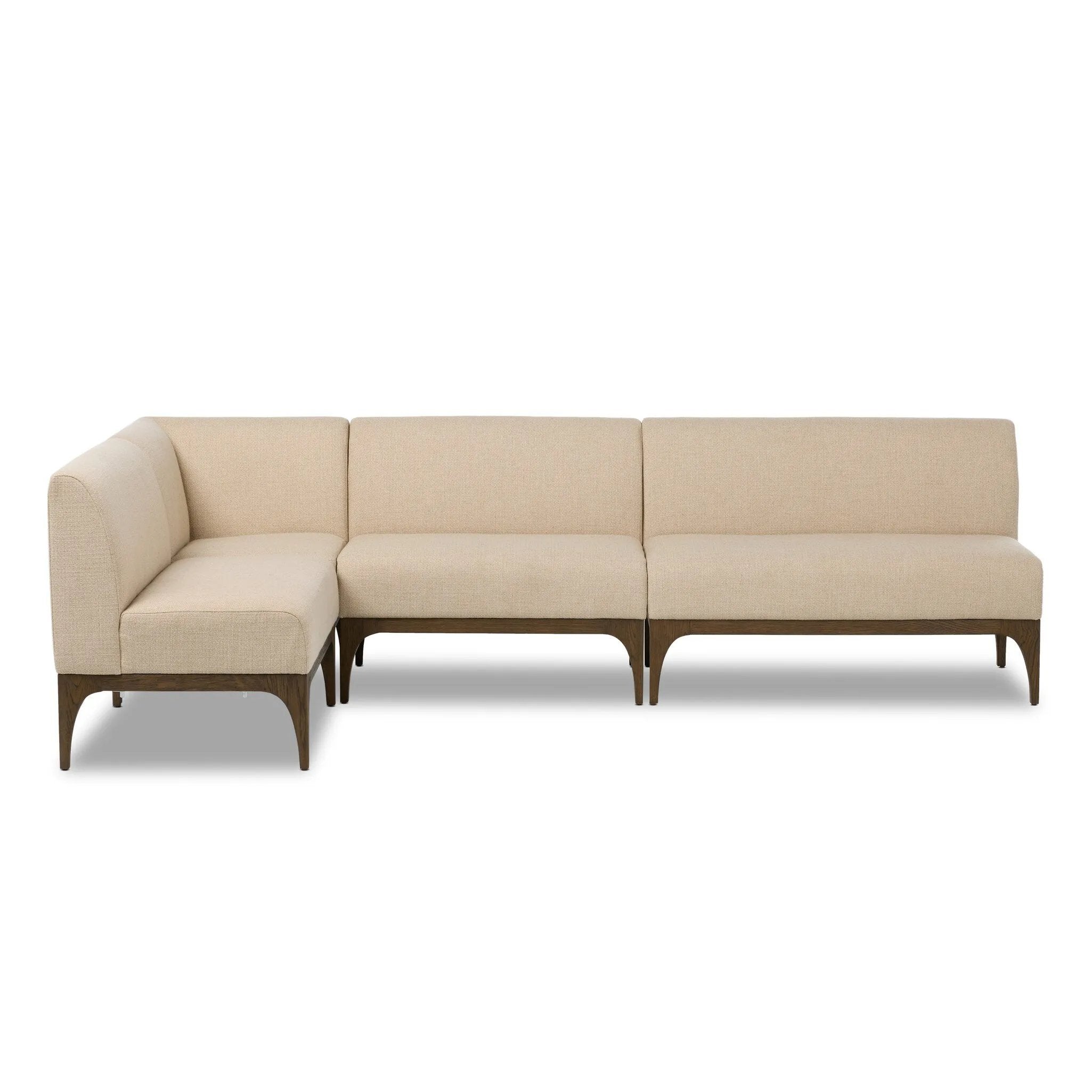 This timeless look works seamlessly into a wide range of styles and collections. With tapered wooden legs with a small curve detailing, plus an inviting U shape for that traditional banquette look. Upholstered in a beautifully neutral performance fabric, connected with alligator clips at the bottom. Amethyst Home provides interior design, new home construction design consulting, vintage area rugs, and lighting in the Scottsdale metro area.