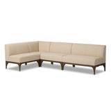 This timeless look works seamlessly into a wide range of styles and collections. With tapered wooden legs with a small curve detailing, plus an inviting U shape for that traditional banquette look. Upholstered in a beautifully neutral performance fabric, connected with alligator clips at the bottom. Amethyst Home provides interior design, new home construction design consulting, vintage area rugs, and lighting in the Seattle metro area.