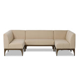This timeless look works seamlessly into a wide range of styles and collections. With tapered wooden legs with a small curve detailing, plus an inviting U shape for that traditional banquette look. Upholstered in a beautifully neutral performance fabric, connected with alligator clips at the bottom. Configured for rectangular dining tables. Amethyst Home provides interior design, new home construction design consulting, vintage area rugs, and lighting in the Alpharetta metro area.
