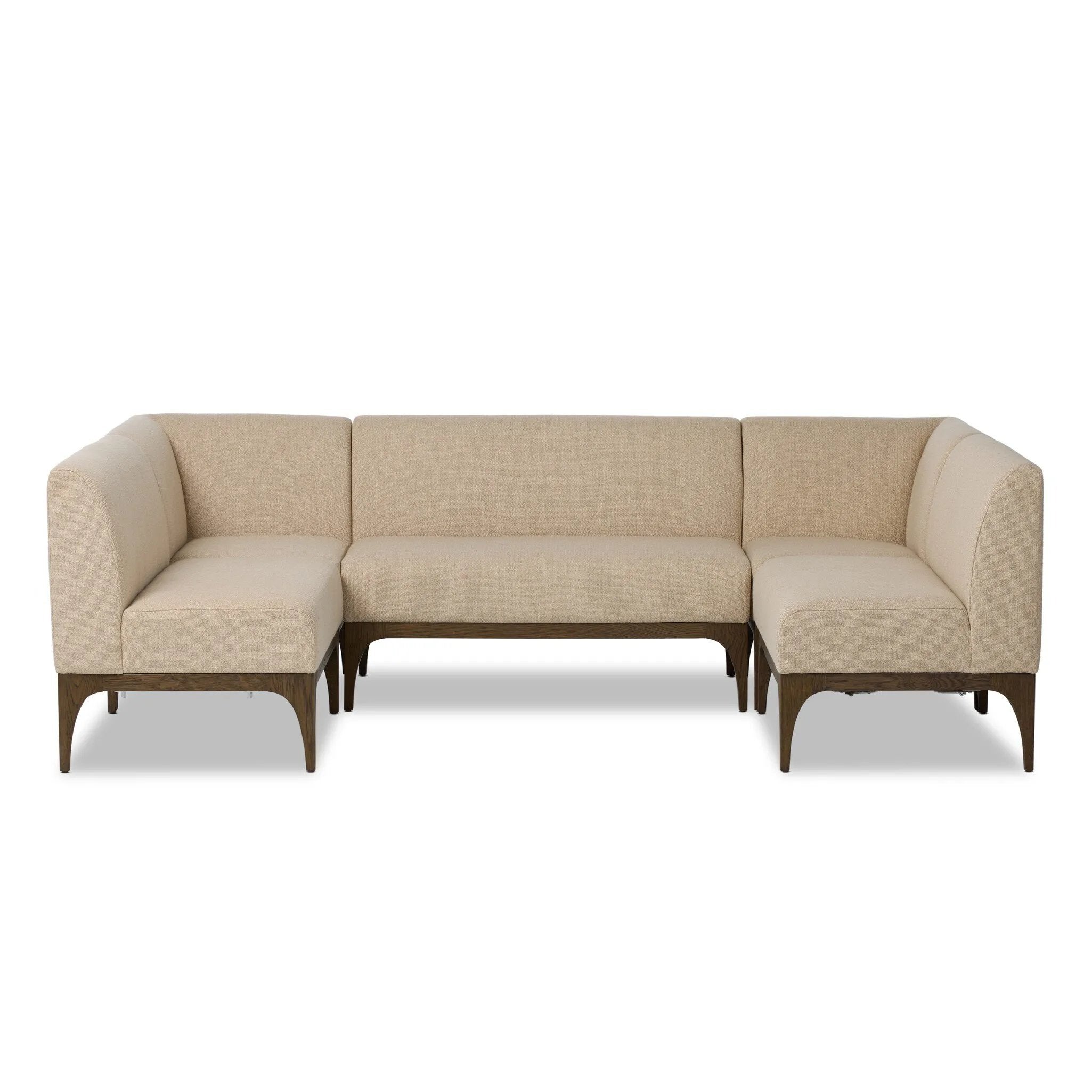 This timeless look works seamlessly into a wide range of styles and collections. With tapered wooden legs with a small curve detailing, plus an inviting U shape for that traditional banquette look. Upholstered in a beautifully neutral performance fabric, connected with alligator clips at the bottom. Configured for rectangular dining tables. Amethyst Home provides interior design, new home construction design consulting, vintage area rugs, and lighting in the Alpharetta metro area.