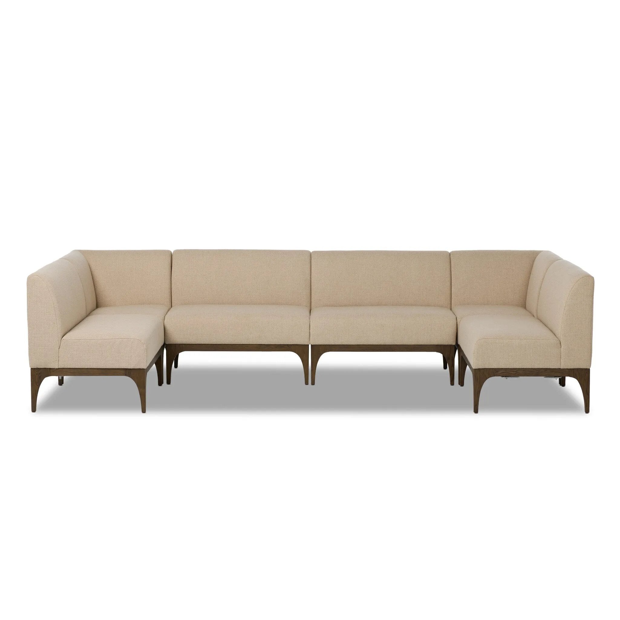 This timeless look works seamlessly into a wide range of styles and collections. With tapered wooden legs with a small curve detailing, plus an inviting U shape for that traditional banquette look. Upholstered in a beautifully neutral performance fabric, connected with alligator clips at the bottom. Configured for rectangular dining tables. Amethyst Home provides interior design, new home construction design consulting, vintage area rugs, and lighting in the Newport Beach metro area.