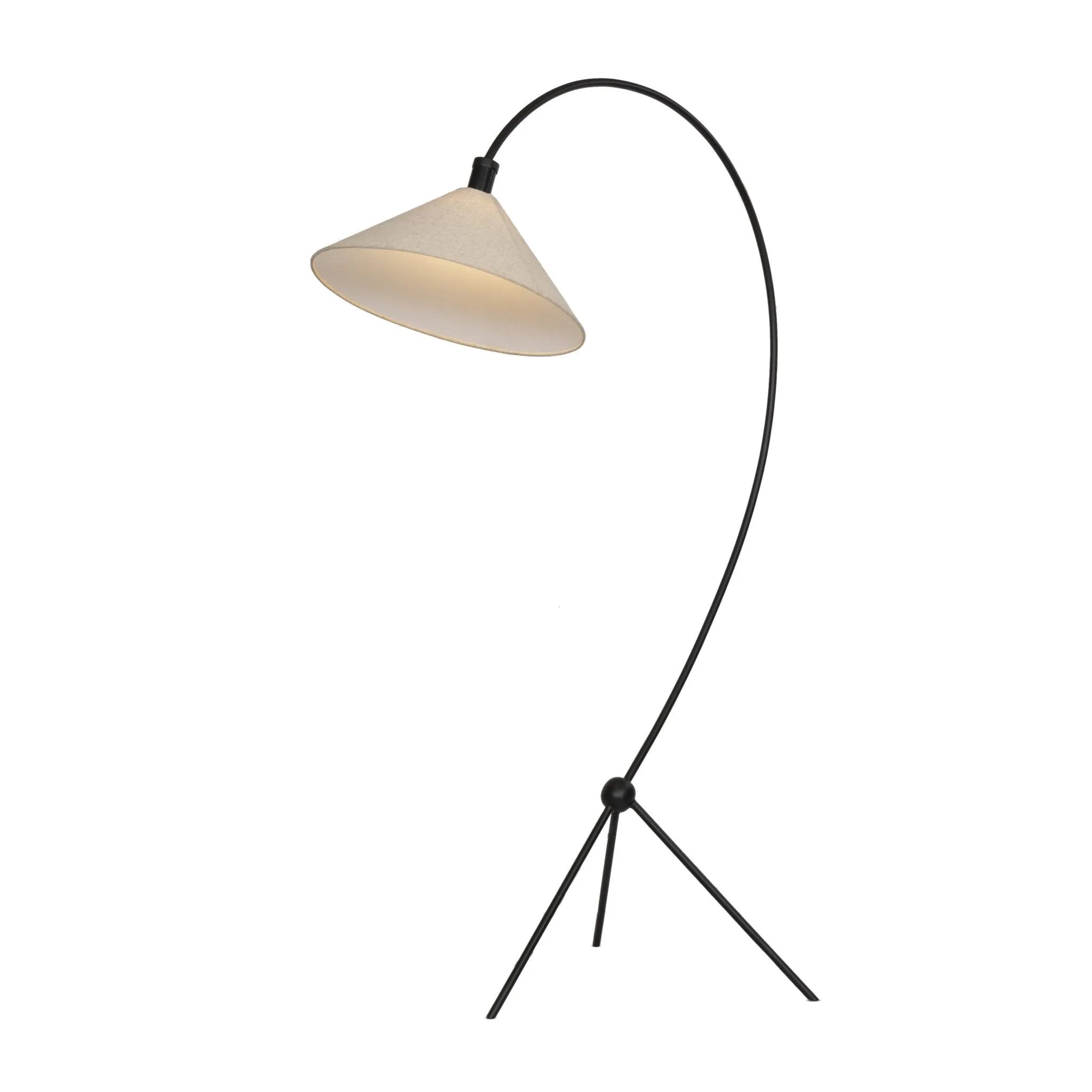 A dramatically curved silhouette and tripod base of matte black metal pair with a flax linen shade for this floor lamp's shapely, minimalist feel Amethyst Home provides interior design, new home construction design consulting, vintage area rugs, and lighting in the Dallas metro area.