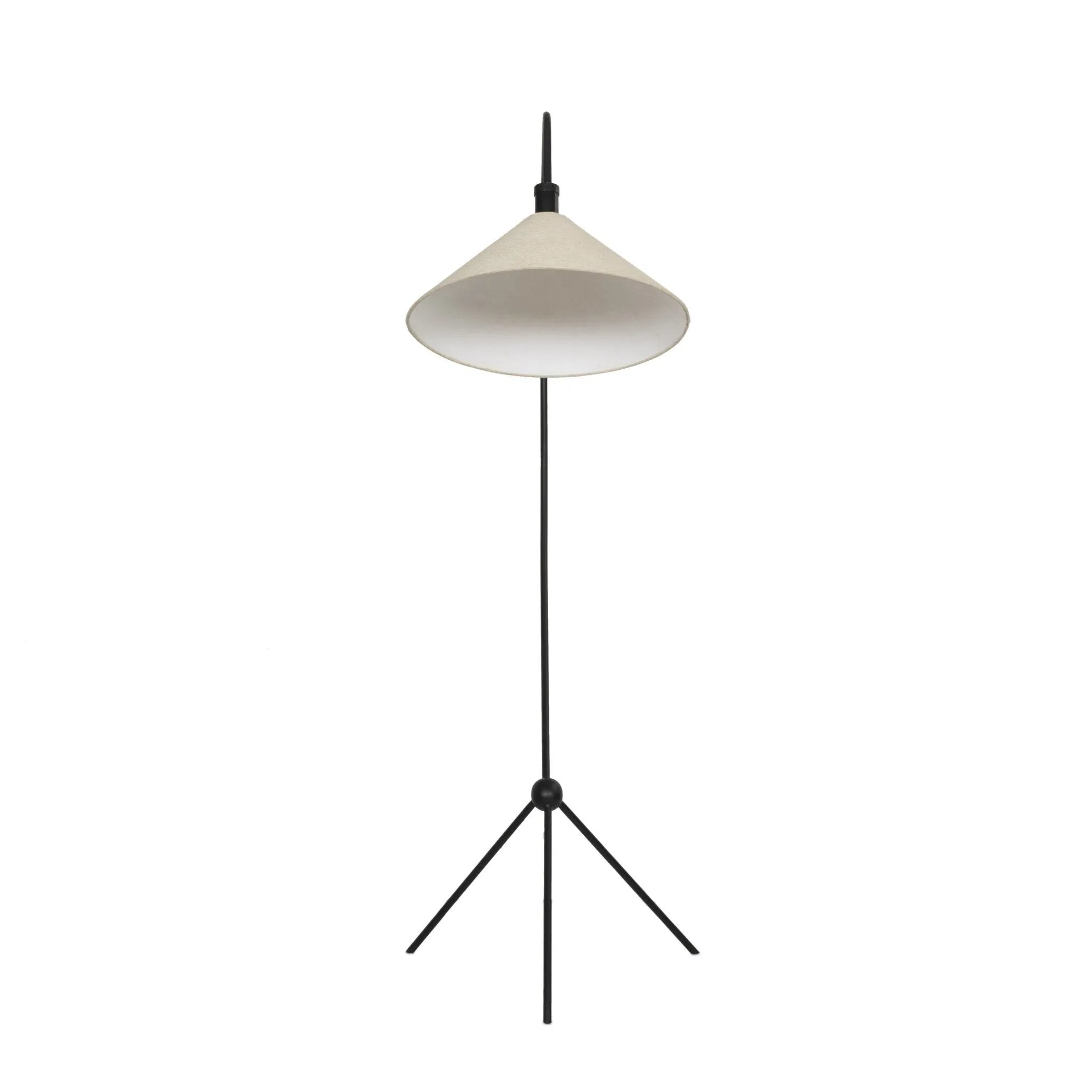 A dramatically curved silhouette and tripod base of matte black metal pair with a flax linen shade for this floor lamp's shapely, minimalist feel Amethyst Home provides interior design, new home construction design consulting, vintage area rugs, and lighting in the Miami metro area.
