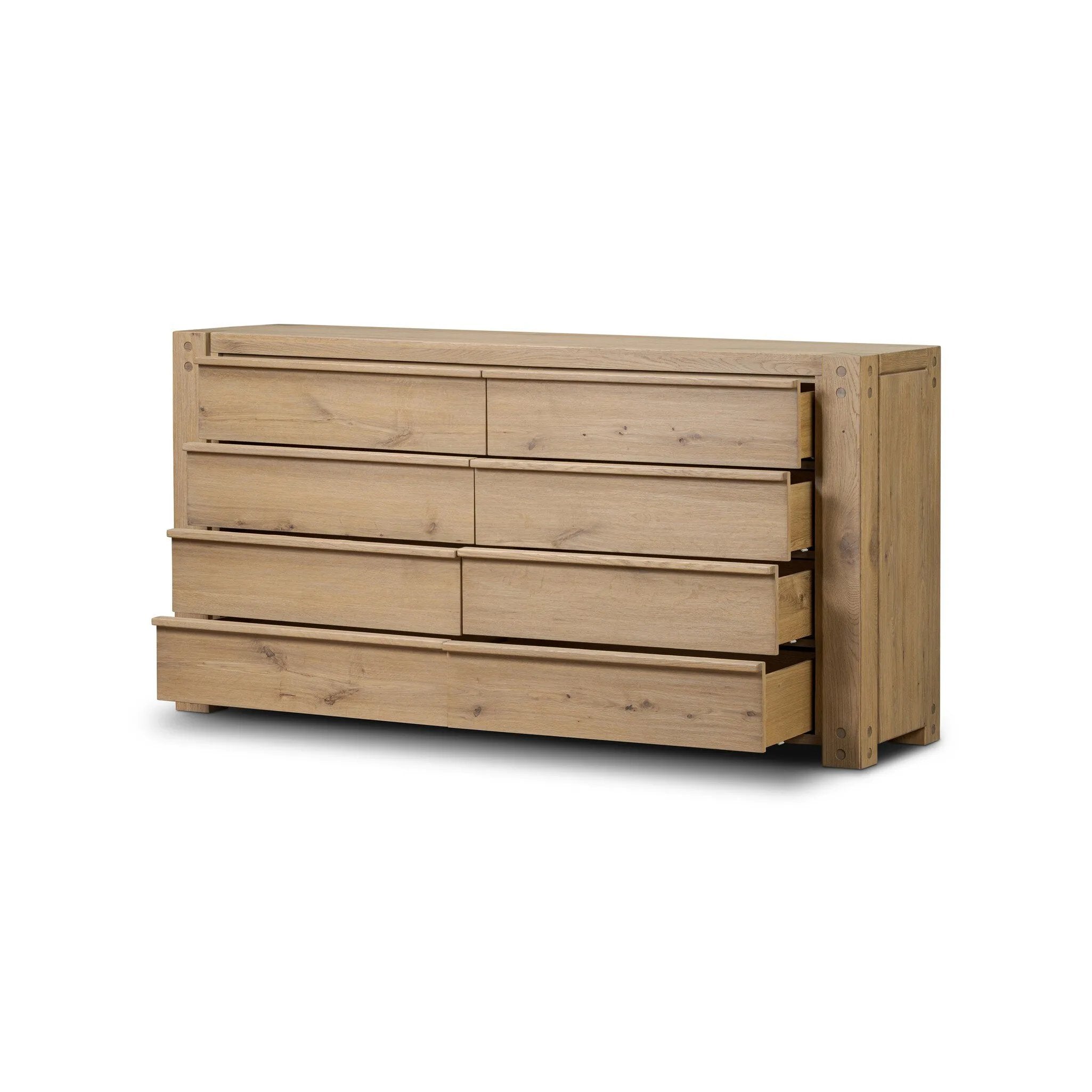 Built from thick-cut oak and veneers with an aged smoked finish, this farmhouse-inspired eight-drawer dresser features softened edges, fastening details, integrated wood hardware and soft-close drawer glides for quality construction Amethyst Home provides interior design, new home construction design consulting, vintage area rugs, and lighting in the Charlotte metro area.