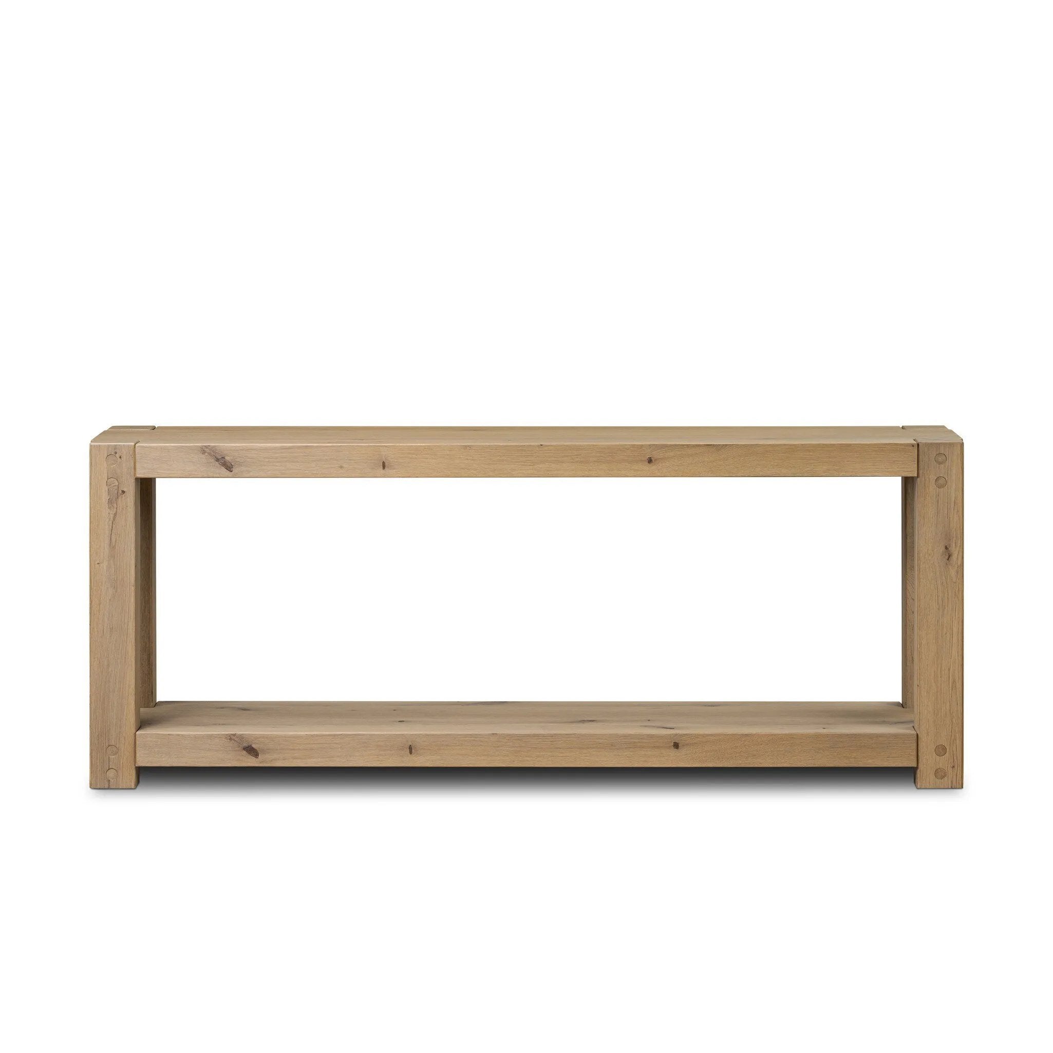 Built from thick-cut oak and veneers with an aged smoked finish, this farmhouse-inspired console table features chunky squared legs and a stretcher base for extra storage Amethyst Home provides interior design, new home construction design consulting, vintage area rugs, and lighting in the Washington metro area.