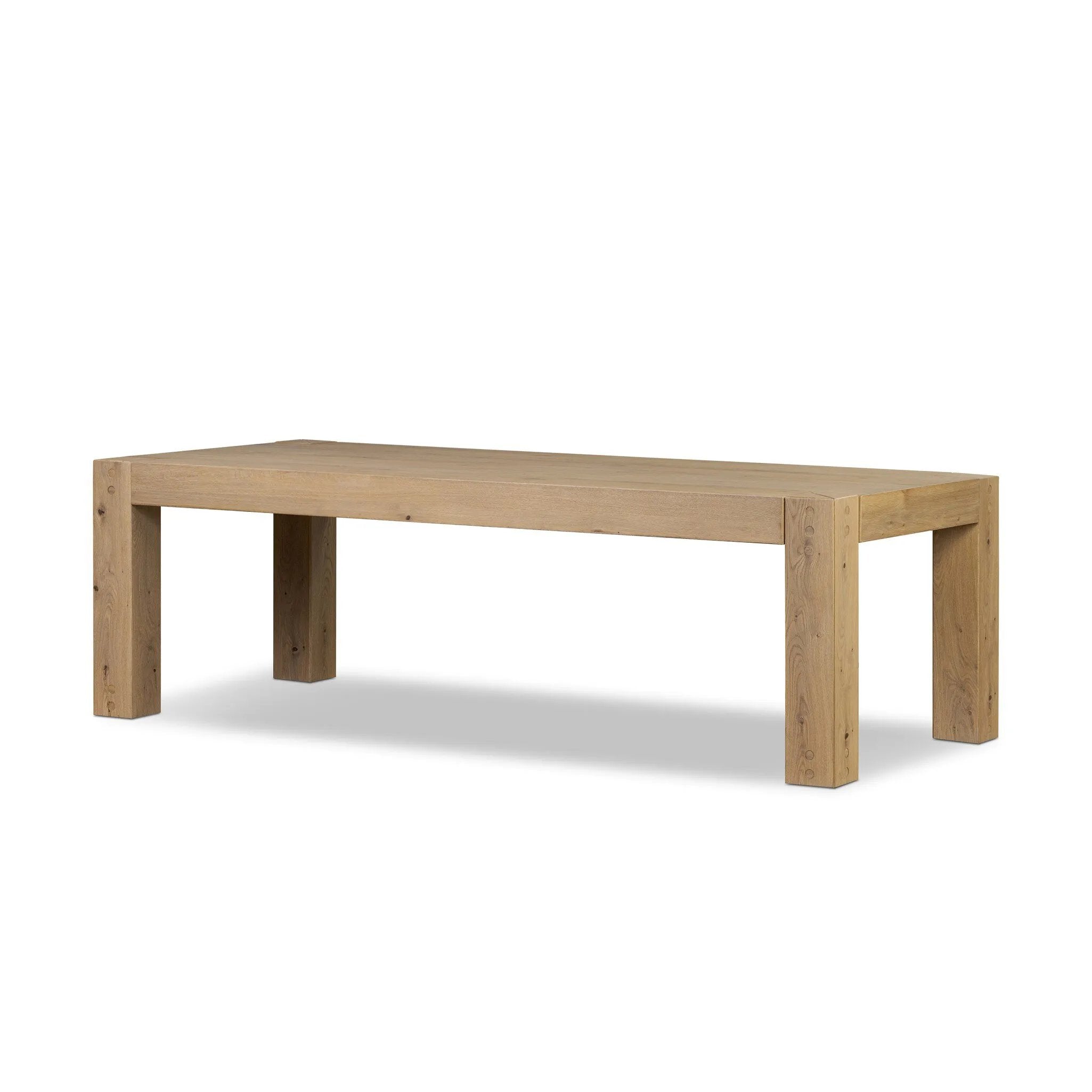 Built from thick-cut oak and veneers with an aged smoked finish, this farmhouse-inspired dining table features chunky squared legs. Seats eight comfortably Amethyst Home provides interior design, new home construction design consulting, vintage area rugs, and lighting in the Calabasas metro area.