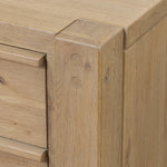 Built from thick-cut oak and veneers with an aged smoked finish, this farmhouse-inspired nightstand features softened edges, fastening details, integrated wood hardware and soft-close drawer glides for quality construction Amethyst Home provides interior design, new home construction design consulting, vintage area rugs, and lighting in the Charlotte metro area.