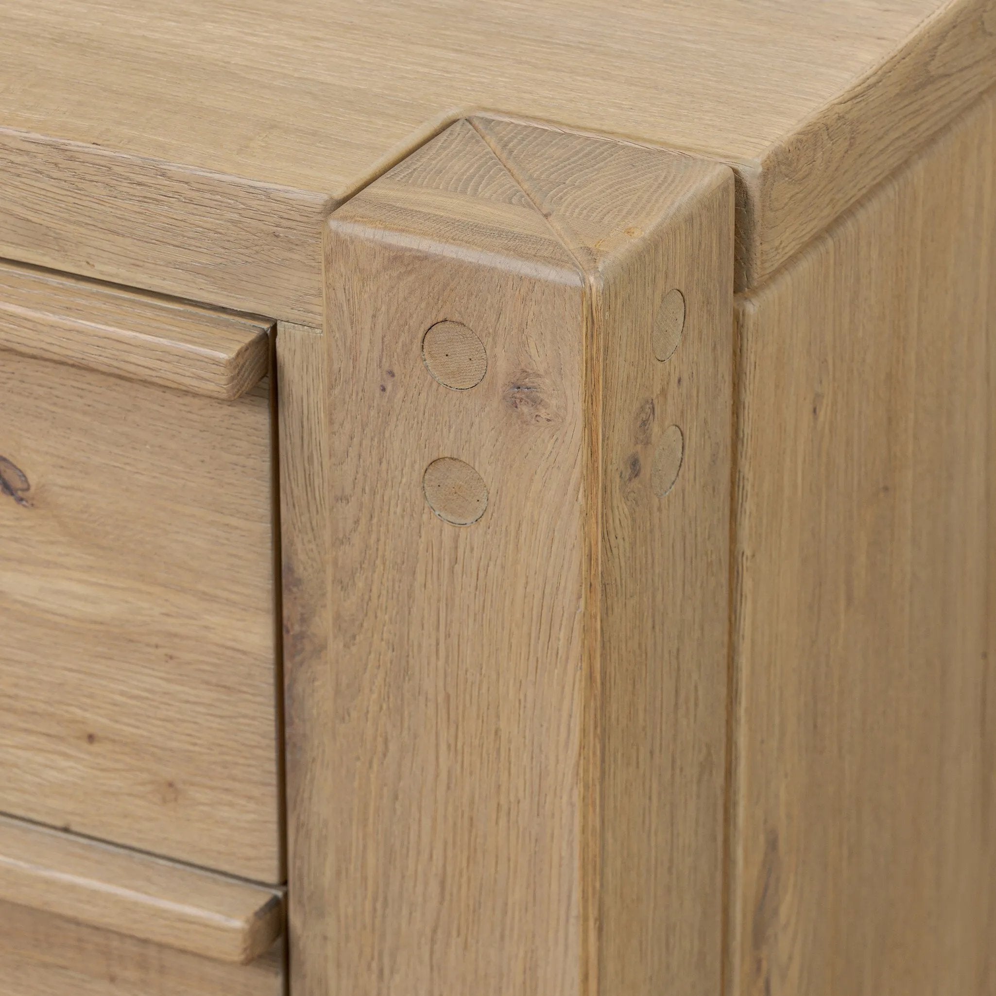 Built from thick-cut oak and veneers with an aged smoked finish, this farmhouse-inspired nightstand features softened edges, fastening details, integrated wood hardware and soft-close drawer glides for quality construction Amethyst Home provides interior design, new home construction design consulting, vintage area rugs, and lighting in the Charlotte metro area.