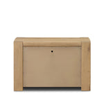 Built from thick-cut oak and veneers with an aged smoked finish, this farmhouse-inspired nightstand features softened edges, fastening details, integrated wood hardware and soft-close drawer glides for quality construction Amethyst Home provides interior design, new home construction design consulting, vintage area rugs, and lighting in the Dallas metro area.