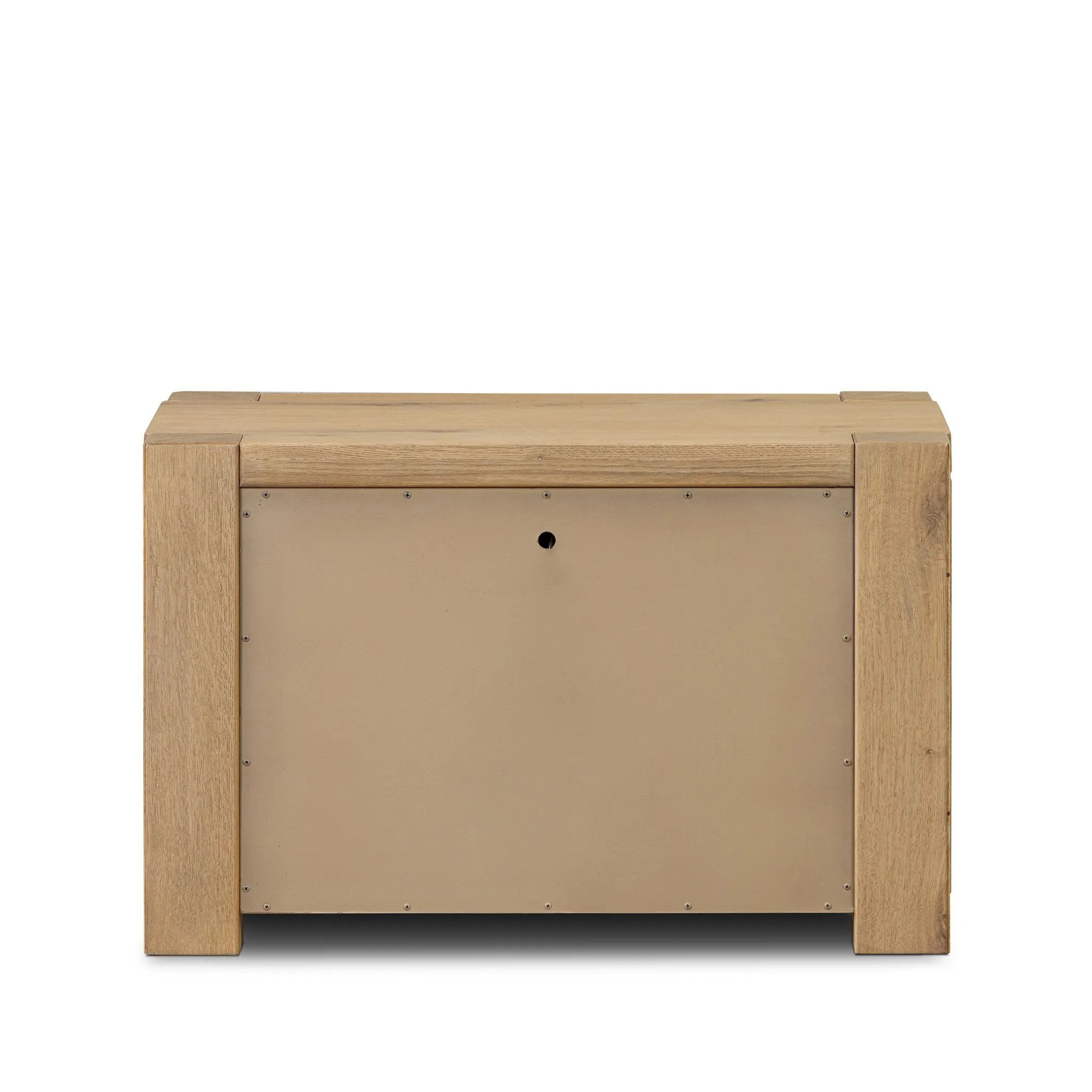 Built from thick-cut oak and veneers with an aged smoked finish, this farmhouse-inspired nightstand features softened edges, fastening details, integrated wood hardware and soft-close drawer glides for quality construction Amethyst Home provides interior design, new home construction design consulting, vintage area rugs, and lighting in the Dallas metro area.