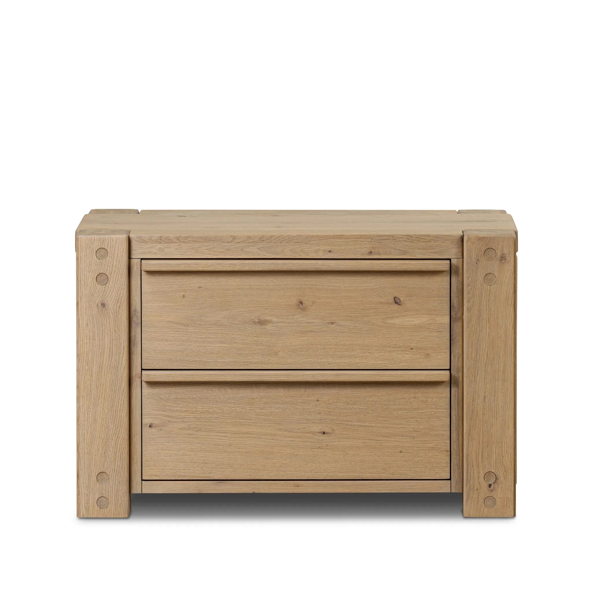 Built from thick-cut oak and veneers with an aged smoked finish, this farmhouse-inspired nightstand features softened edges, fastening details, integrated wood hardware and soft-close drawer glides for quality construction Amethyst Home provides interior design, new home construction design consulting, vintage area rugs, and lighting in the Park City metro area.