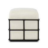 Inspired by traditional rattan forms, this outdoor stool is reimagined in a contemporary material palette that leans into the French garden aesthetic. With a grid-like take on the barrel silhouette, an ironwork frame features cross-hatch details. Cover or store inside during inclement weather and when not in use. Amethyst Home provides interior design, new home construction design consulting, vintage area rugs, and lighting in the Alpharetta metro area.