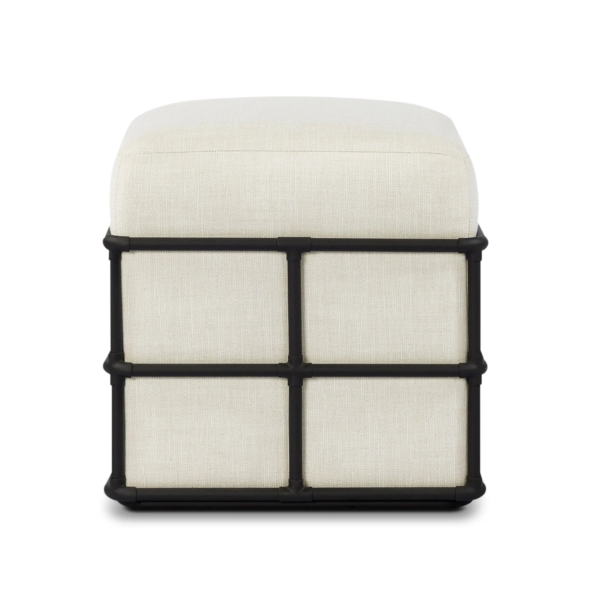 Inspired by traditional rattan forms, this outdoor stool is reimagined in a contemporary material palette that leans into the French garden aesthetic. With a grid-like take on the barrel silhouette, an ironwork frame features cross-hatch details. Cover or store inside during inclement weather and when not in use. Amethyst Home provides interior design, new home construction design consulting, vintage area rugs, and lighting in the Alpharetta metro area.