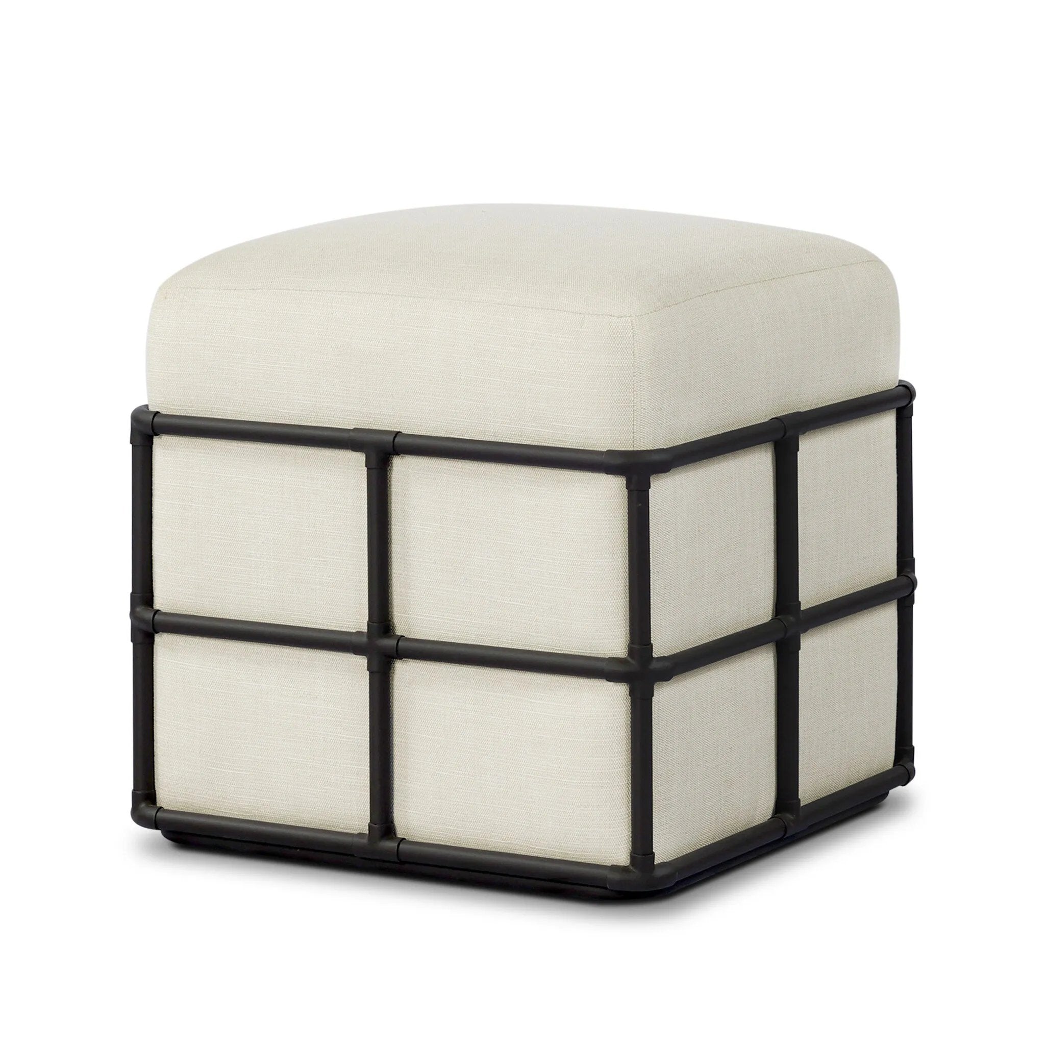 Inspired by traditional rattan forms, this outdoor stool is reimagined in a contemporary material palette that leans into the French garden aesthetic. With a grid-like take on the barrel silhouette, an ironwork frame features cross-hatch details. Cover or store inside during inclement weather and when not in use. Amethyst Home provides interior design, new home construction design consulting, vintage area rugs, and lighting in the Kansas City metro area.