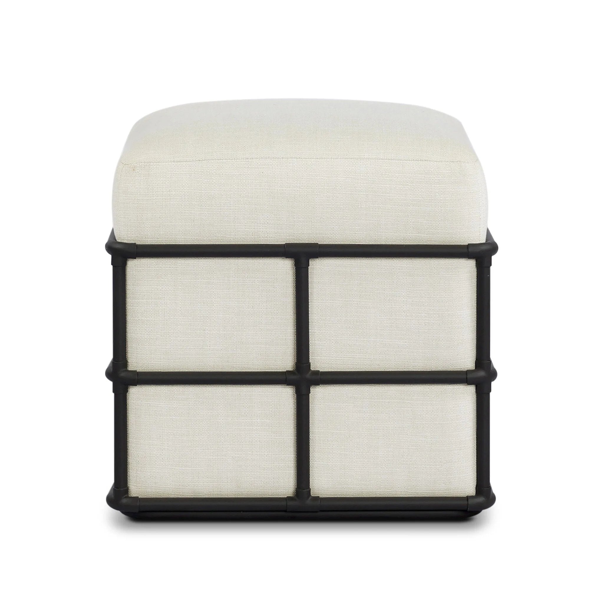 Inspired by traditional rattan forms, this outdoor stool is reimagined in a contemporary material palette that leans into the French garden aesthetic. With a grid-like take on the barrel silhouette, an ironwork frame features cross-hatch details. Cover or store inside during inclement weather and when not in use. Amethyst Home provides interior design, new home construction design consulting, vintage area rugs, and lighting in the Newport Beach metro area.