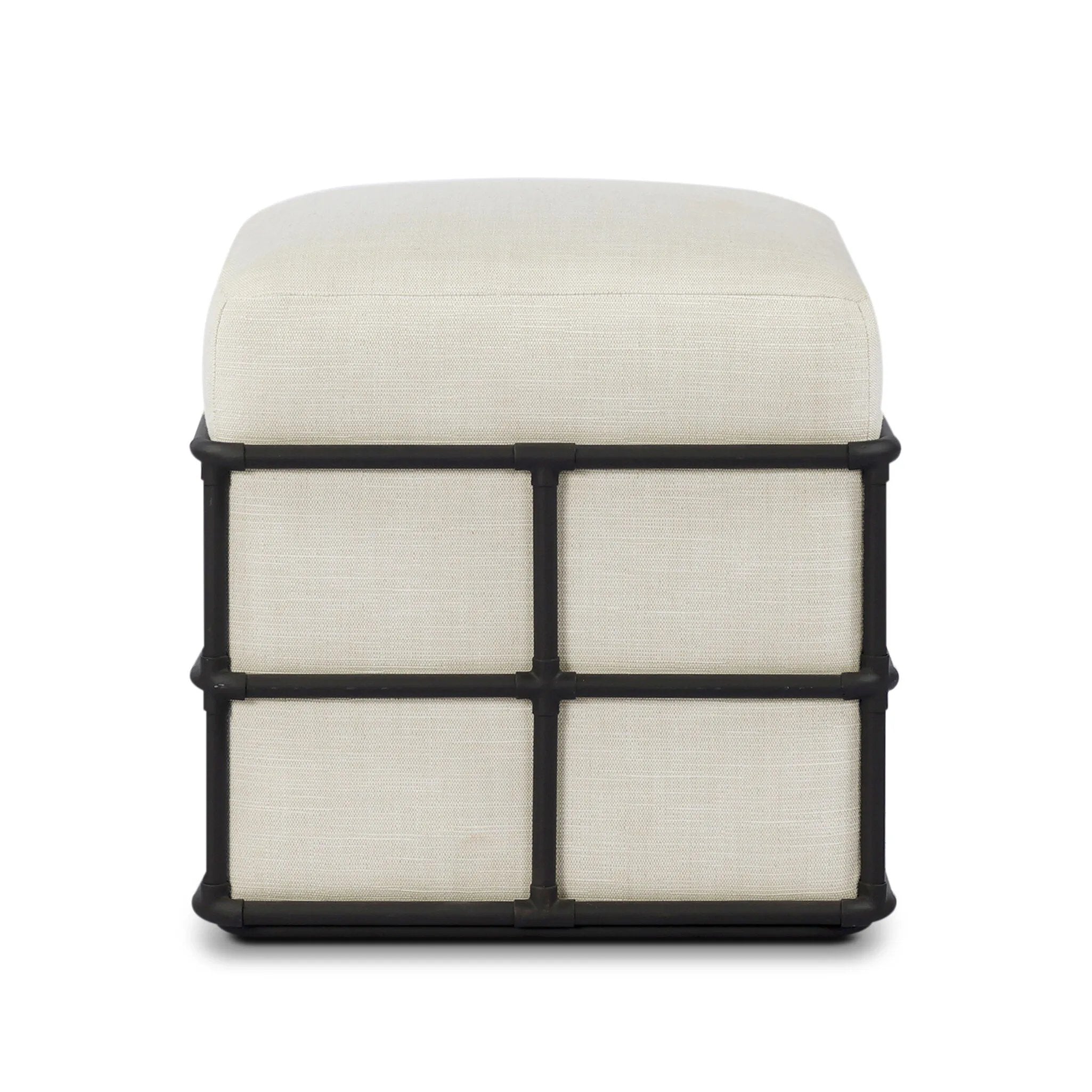 Inspired by traditional rattan forms, this outdoor stool is reimagined in a contemporary material palette that leans into the French garden aesthetic. With a grid-like take on the barrel silhouette, an ironwork frame features cross-hatch details. Cover or store inside during inclement weather and when not in use. Amethyst Home provides interior design, new home construction design consulting, vintage area rugs, and lighting in the Salt Lake City metro area.