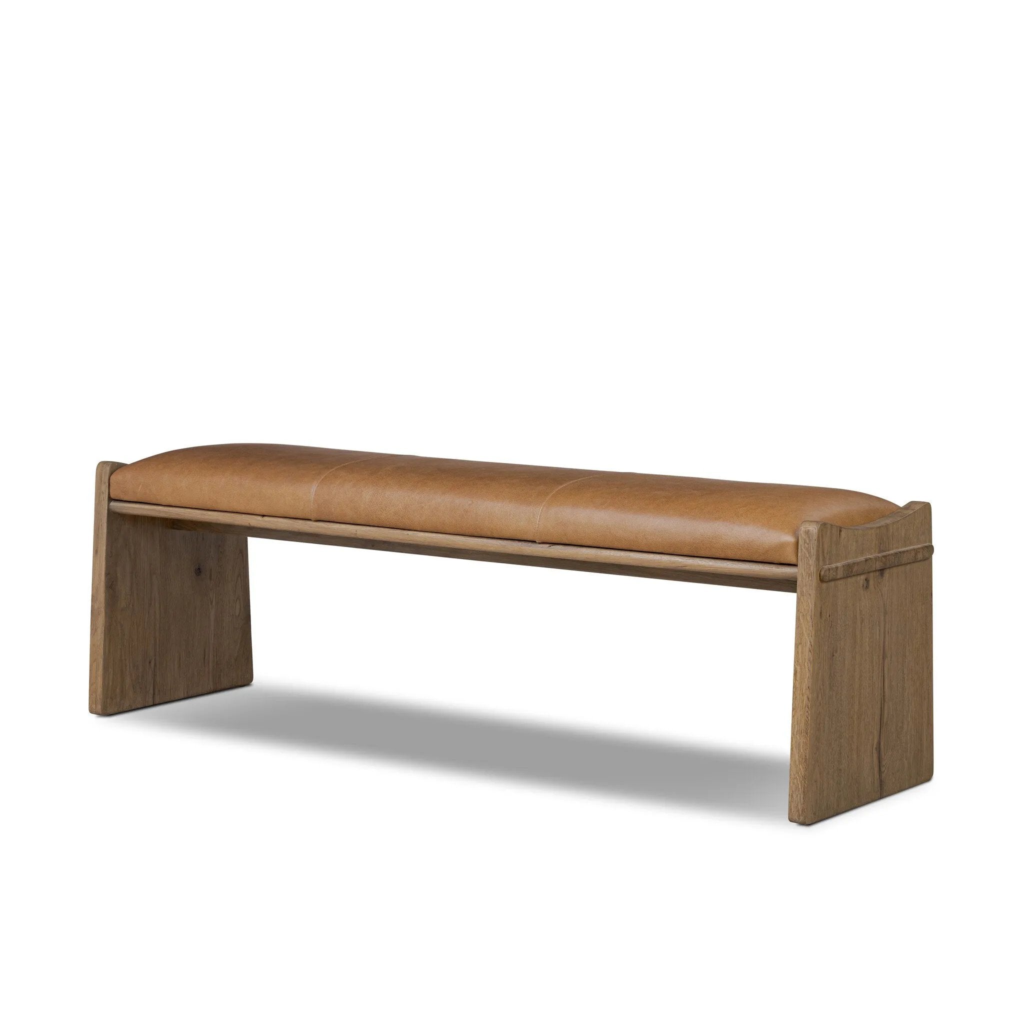 Top-grain leather and worn, solid oak fuse for a substantial, streamlined bench inspired by Nordic Minimalism Amethyst Home provides interior design, new home construction design consulting, vintage area rugs, and lighting in the Monterey metro area.