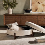 Featuring Esben Sattley Fog Storage Ottoman by Four Hands at Amethyst Home. Get extra storage and an extra spot for lounging or propped feet in one. This coffee table-sized storage ottoman features a loose top to store extra blankets and more. Upholstered in a textural boucle-like performance fabric, perfect for everyday messes. Finished with an X-frame parawo. Amethyst Home provides interior design, new home construction design consulting, vintage area rugs, and lighting in the Dallas metro area.