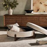 Featuring Esben Sattley Fog Storage Ottoman by Four Hands at Amethyst Home. Get extra storage and an extra spot for lounging or propped feet in one. This coffee table-sized storage ottoman features a loose top to store extra blankets and more. Upholstered in a textural boucle-like performance fabric, perfect for everyday messes. Finished with an X-frame parawo. Amethyst Home provides interior design, new home construction design consulting, vintage area rugs, and lighting in the Dallas metro area.