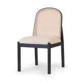 Ebony nettlewood shapes the arched, angled back of this simply shaped, armless dining chair. Natural crosshatch cane adds a light texture to complement the creamy, neutral upholstered seat. Performance fabrics are specially created to withstand spills, stains, high traffic and wear, ensuring long-term comfort and unmatched durability Amethyst Home provides interior design, new home construction design consulting, vintage area rugs, and lighting in the Omaha metro area.