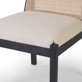 Ebony nettlewood shapes the arched, angled back of this simply shaped, armless dining chair. Natural crosshatch cane adds a light texture to complement the creamy, neutral upholstered seat. Performance fabrics are specially created to withstand spills, stains, high traffic and wear, ensuring long-term comfort and unmatched durability Amethyst Home provides interior design, new home construction design consulting, vintage area rugs, and lighting in the Seattle metro area.
