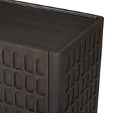 A carved geometric pattern adds a layer of visual depth to this vintage brown-finished mango media console. Rounded edges and a recessed top surface complete the look. Rear cutouts for cord management.As lovers of natural design at Amethyst, we love the optimistic inspired Essie Media Console - Vintage Brown. Amethyst Home provides interior design, new home construction design consulting, vintage area rugs, and lighting in the Des Moines metro area.