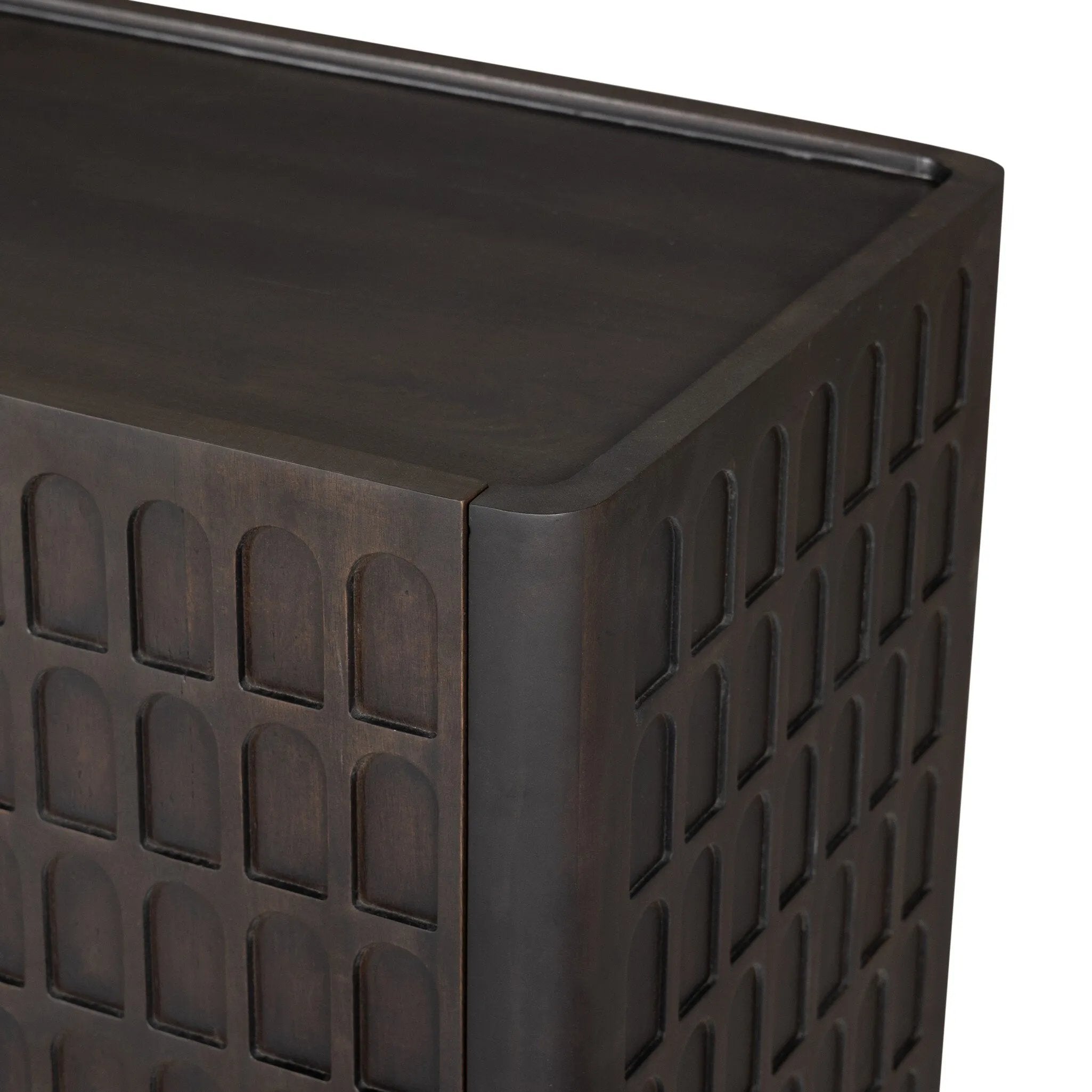 A carved geometric pattern adds a layer of visual depth to this vintage brown-finished mango media console. Rounded edges and a recessed top surface complete the look. Rear cutouts for cord management.As lovers of natural design at Amethyst, we love the optimistic inspired Essie Media Console - Vintage Brown. Amethyst Home provides interior design, new home construction design consulting, vintage area rugs, and lighting in the Des Moines metro area.