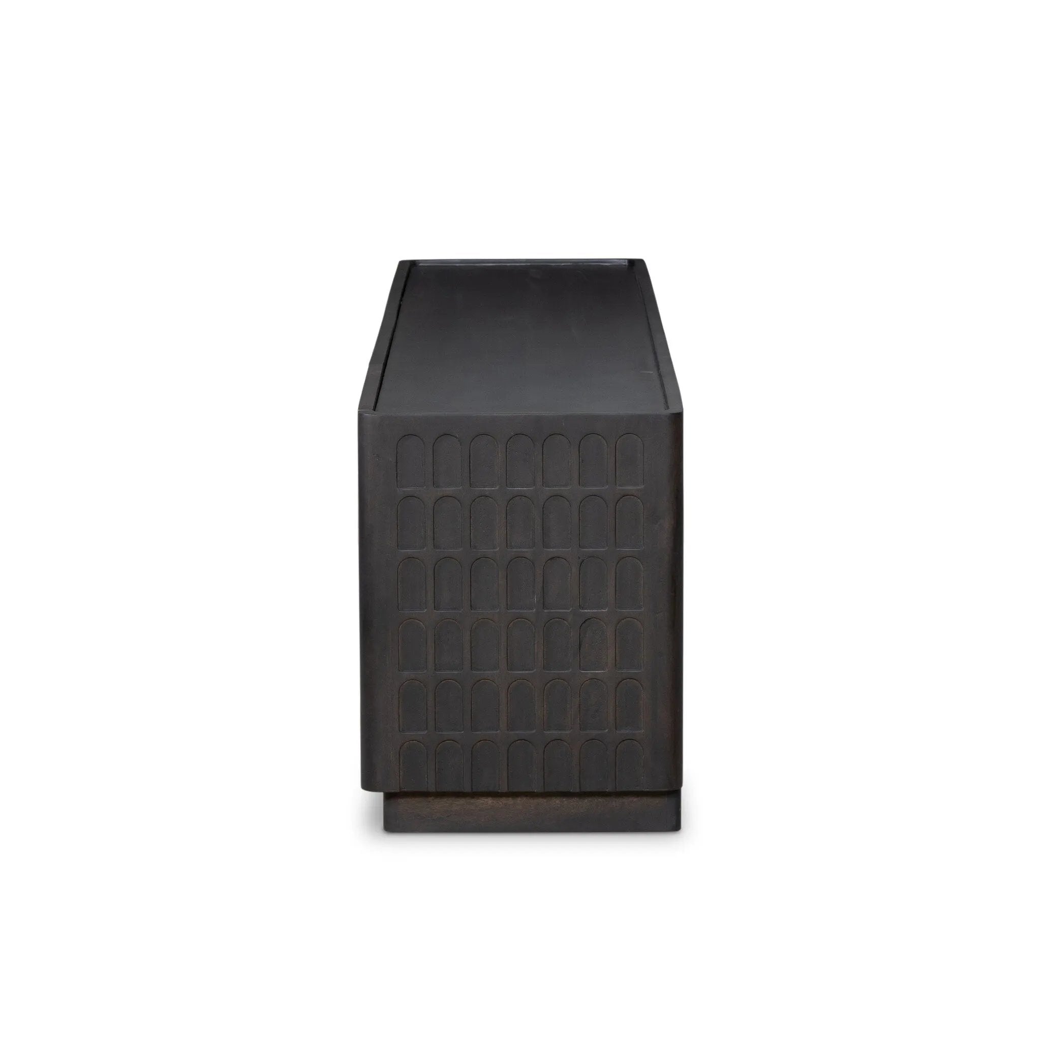 A carved geometric pattern adds a layer of visual depth to this vintage brown-finished mango media console. Rounded edges and a recessed top surface complete the look. Rear cutouts for cord management.As lovers of natural design at Amethyst, we love the optimistic inspired Essie Media Console - Vintage Brown. Amethyst Home provides interior design, new home construction design consulting, vintage area rugs, and lighting in the Kansas City metro area.