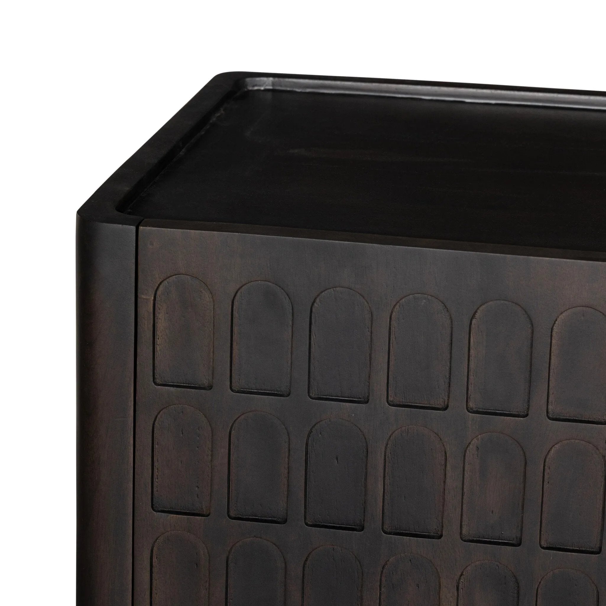 A carved geometric pattern adds a layer of visual depth to this vintage brown-finished mango media console. Rounded edges and a recessed top surface complete the look. Rear cutouts for cord management.As lovers of natural design at Amethyst, we love the optimistic inspired Essie Media Console - Vintage Brown. Amethyst Home provides interior design, new home construction design consulting, vintage area rugs, and lighting in the Washington metro area.