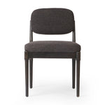 Modern materials place an updated twist on the traditional armless dining chair. Linen/cotton blend cushioning upholstered in high-performance fabric, perfect for everyday dining. Simply framed by burnt oak. Amethyst Home provides interior design, new home construction design consulting, vintage area rugs, and lighting in the Tampa metro area.