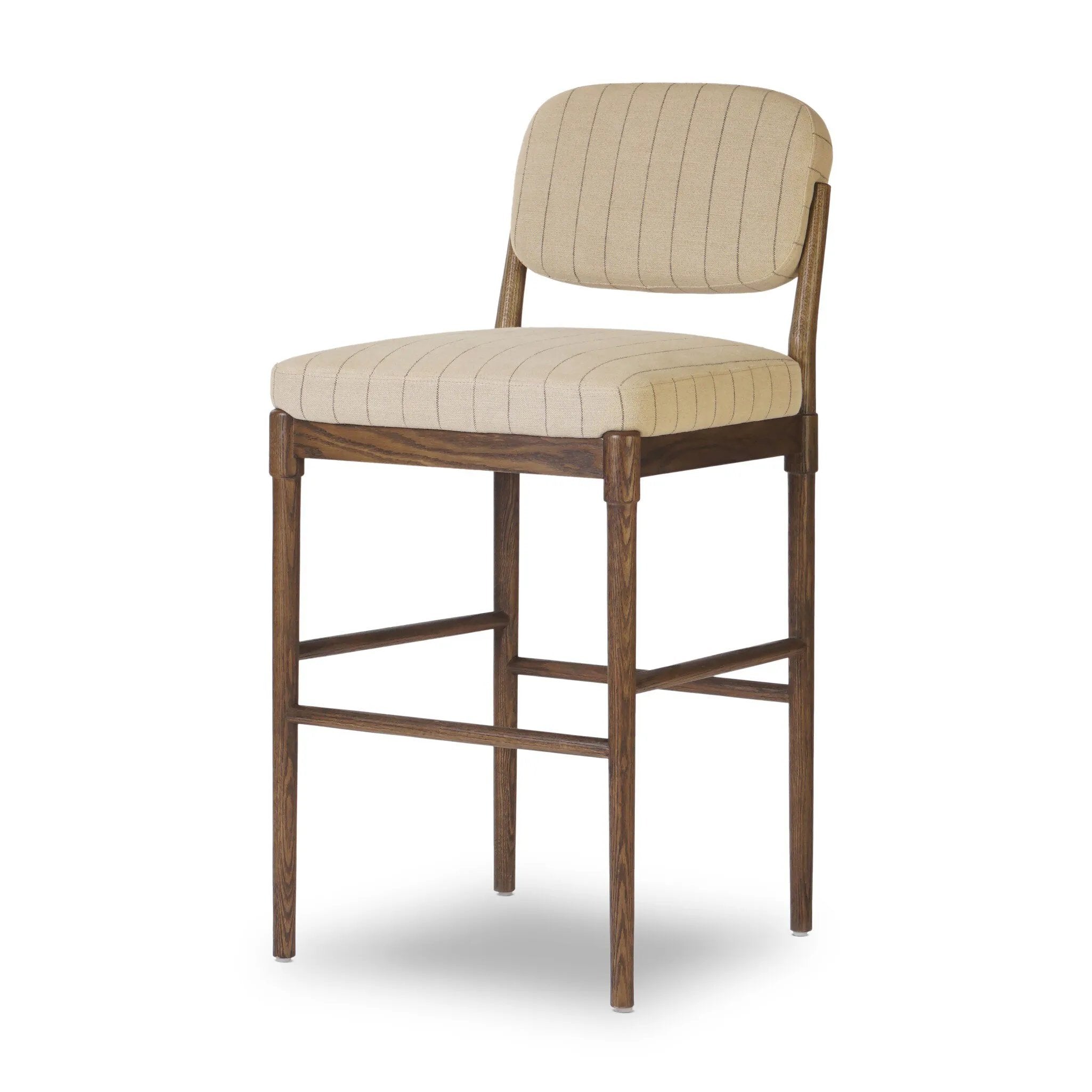 Featuring Esther Lavon Flint Bar + Counter Stool by Four Hands at Amethyst Home. Modern materials place an updated twist on the traditional bar stool. Linen/cotton blend cushioning features a faint pinstripe for a unique-while-versatile look. Simply framed by brown oak and perfect in pairs or multiples. Overall Dimensions: Counter:
21.25"w x 24.25"d x 40.00"h
. Amethyst Home provides interior design, new home construction design consulting, vintage area rugs, and lighting in the Dallas metro area.