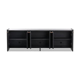 Featuring Etro Black Wash Poplar Media Console by Four Hands at Amethyst Home. Inspired by retro European design, a character-rich media console is made from black-finished poplar, with mortise and tenon joinery spanning its sides. Door pulls of top-grain leather add a textural finishing touch, while three rear cutouts keep cords out of sight.Overall Dimensio. Amethyst Home provides interior design, new home construction design consulting, vintage area rugs, and lighting in the Seattle metro area.