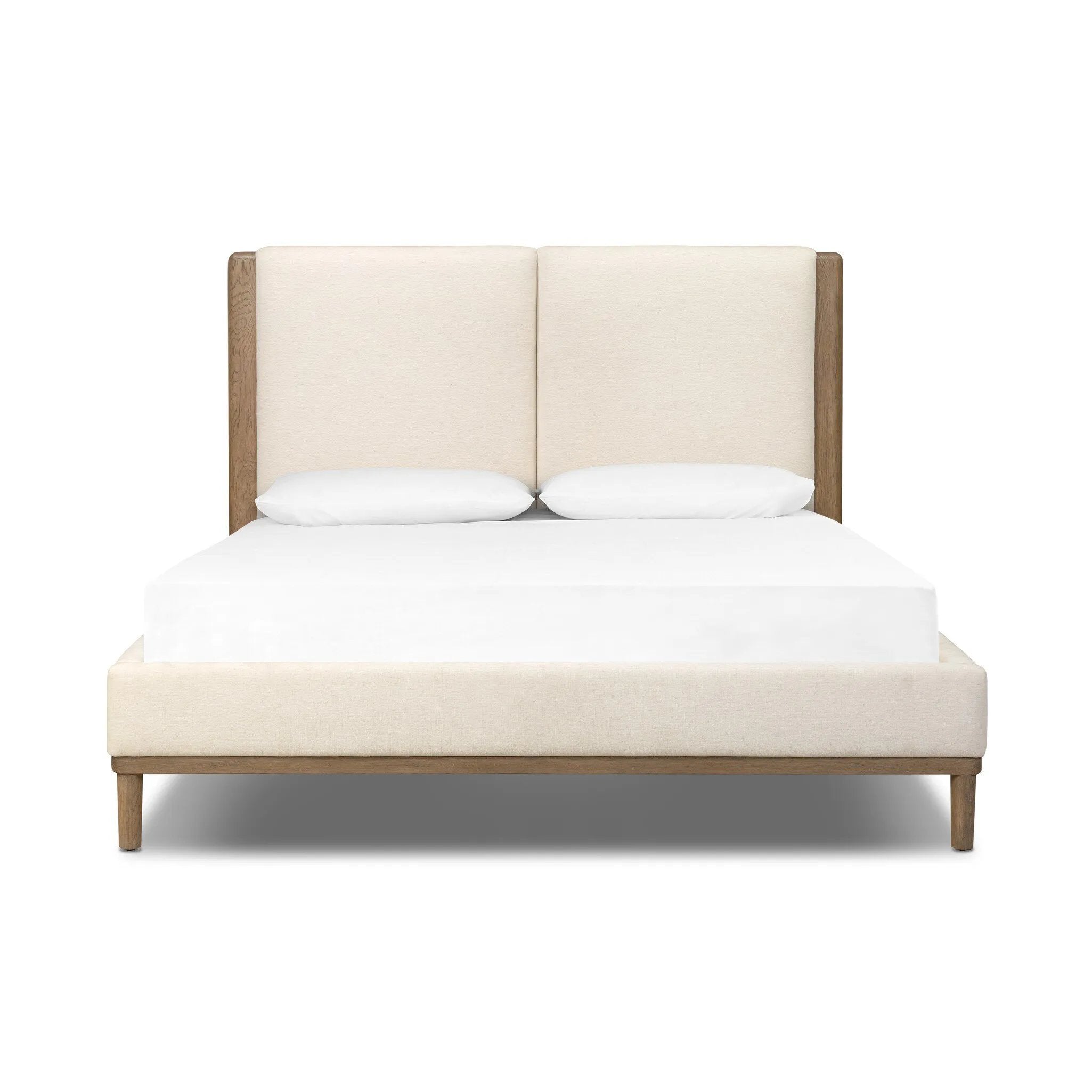 Midcentury and Danish design influence merge in this modern transitional bed. A headboard of oak veneer and two upholstered panels deliver contrast and softness at once.As lovers of luxe materials at Amethyst, we love the warm modern inspired Ettie Bed. This item pairs well with other brands such as Surya and is perfect for modern homes Amethyst Home provides interior design, new home construction design consulting, vintage area rugs, and lighting in the Monterey metro area.